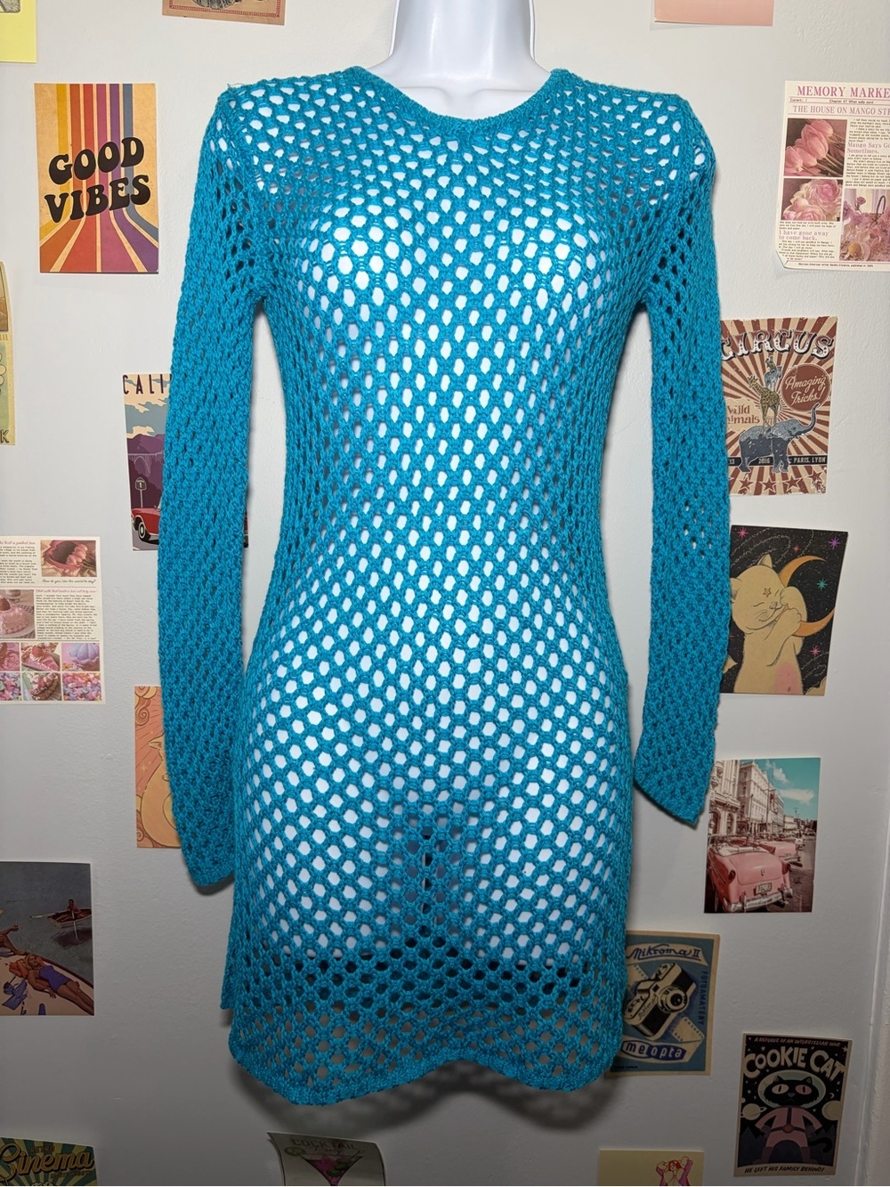 Women's Teal Crochet Long-Sleeve Dress